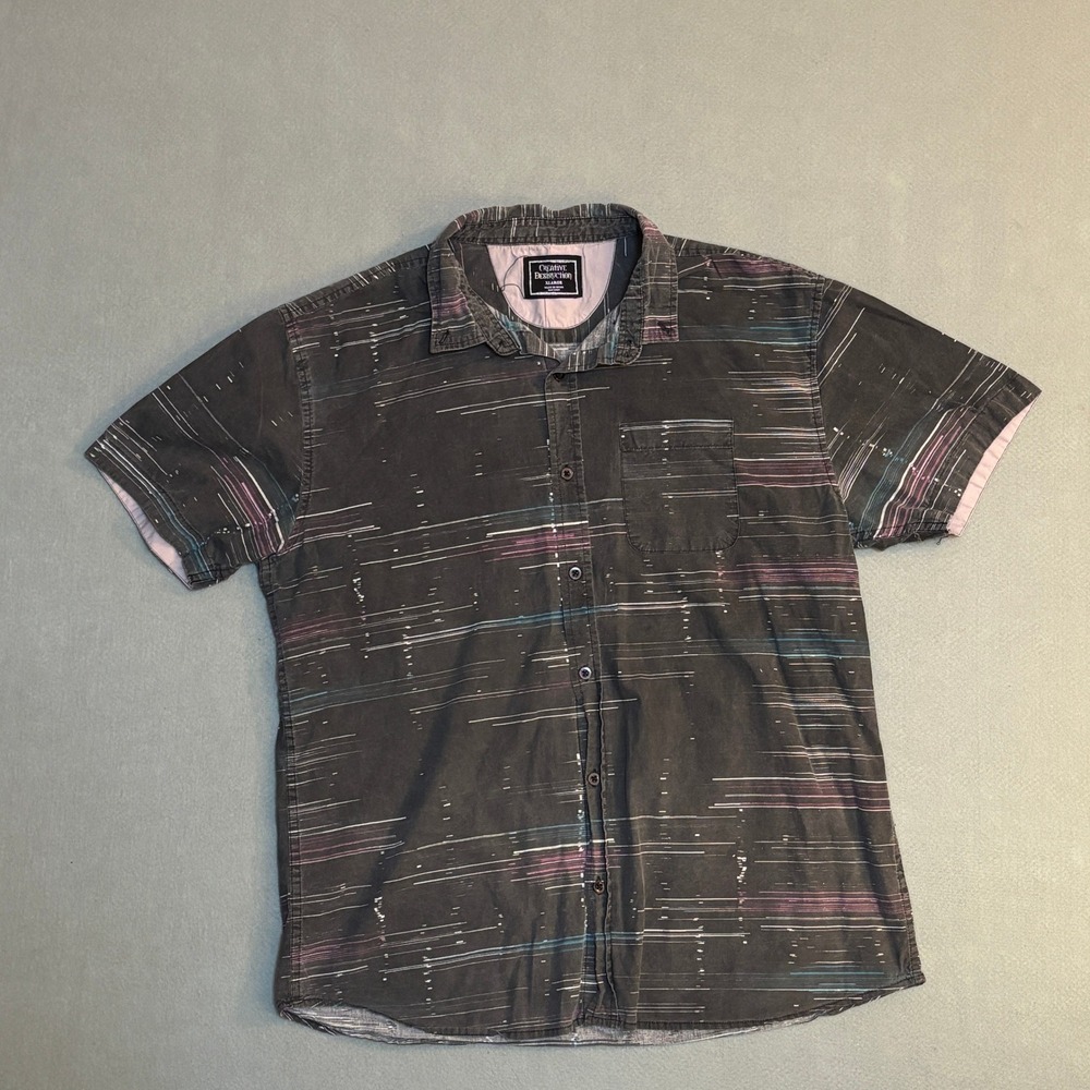 90s Creative Destruction Mens Short Sleeve Button Down Shirt Black Abstract XL
